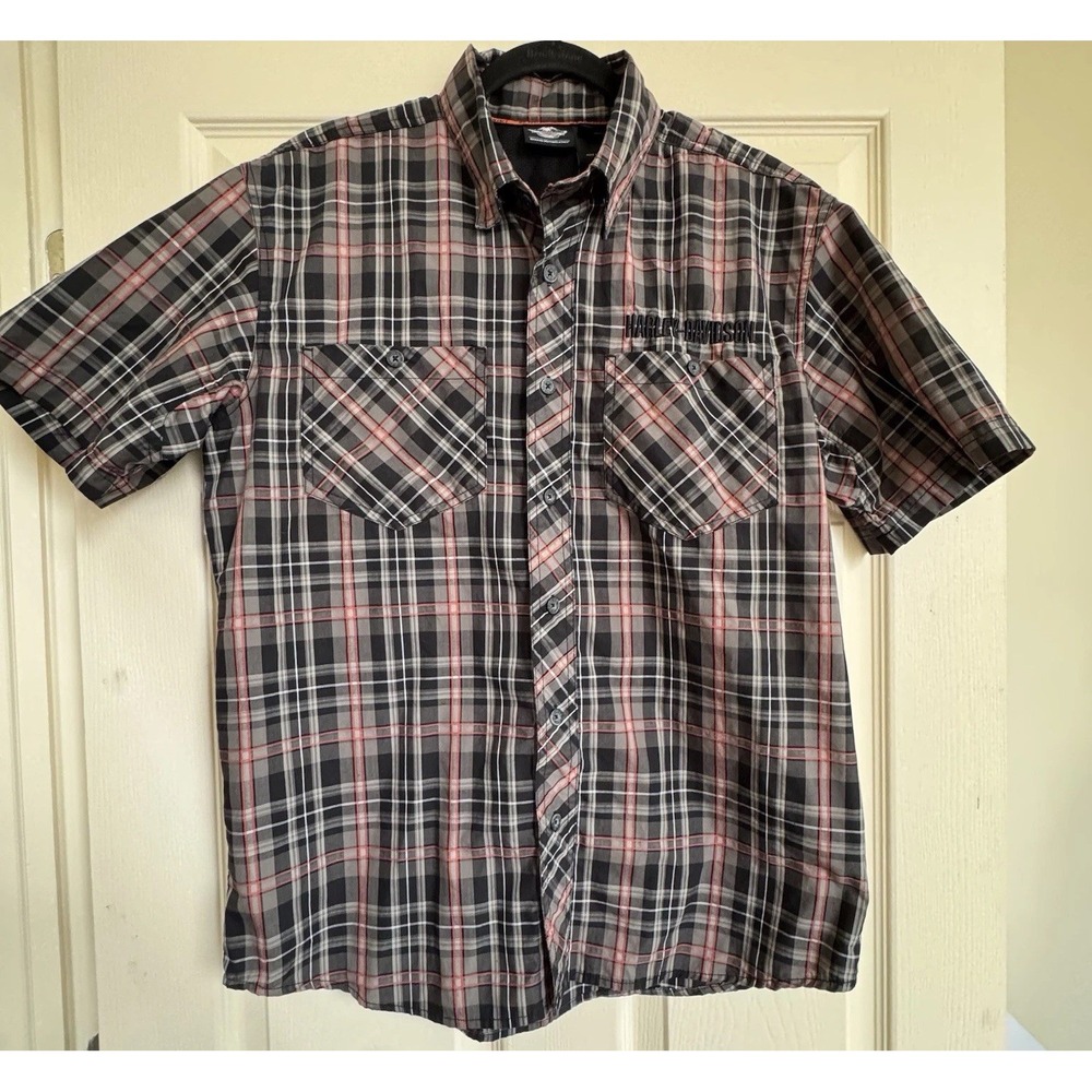 Harley Davidson Men's Button Up Shirt Medium Plaid Embroidered Skull On Back